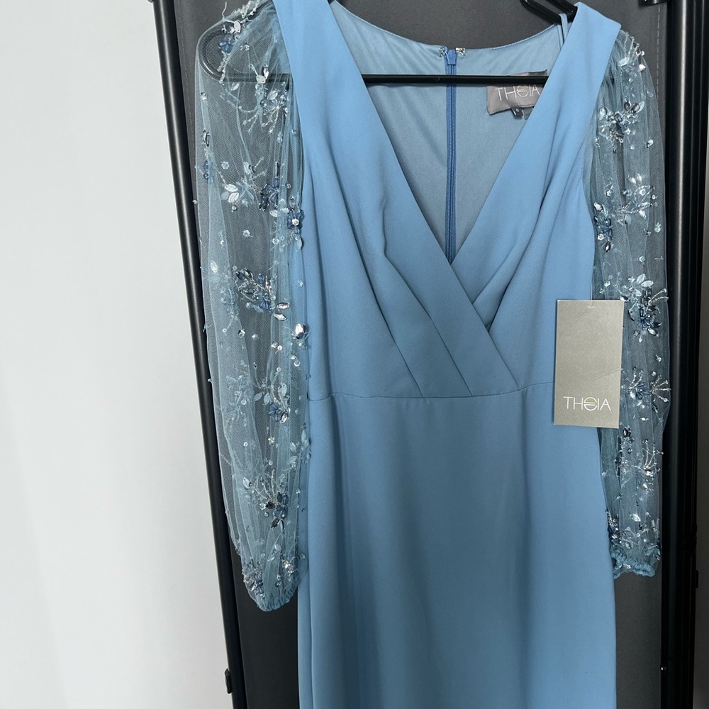 Theia Blue Sheath Dress with Bishop Sleeves and V-Neck